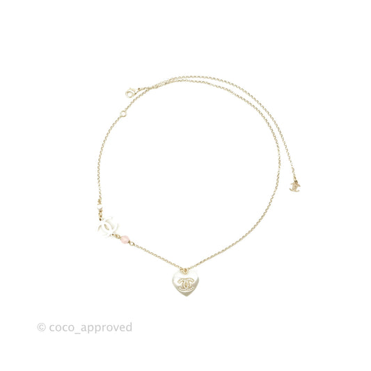 Chanel Crystal CC Pearl Heart Pendant Necklace Gold Tone 21B