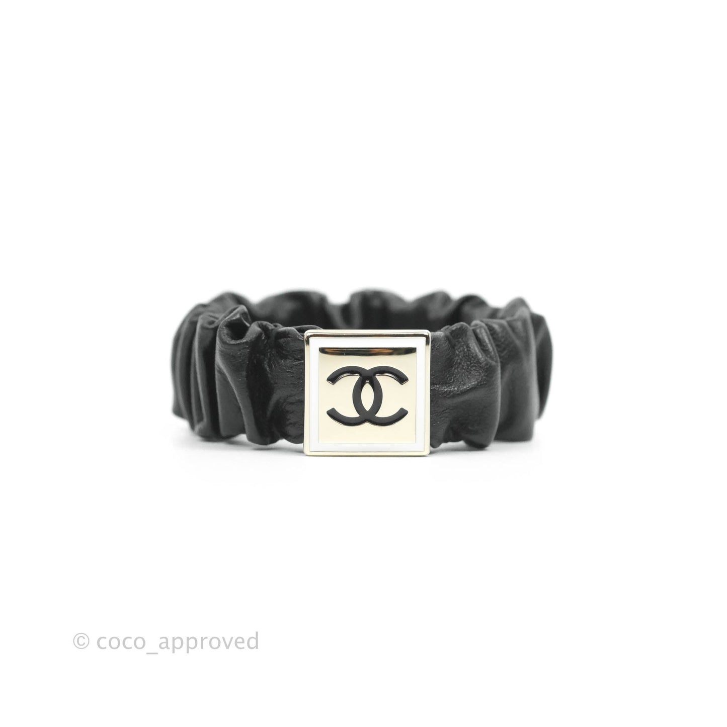 Chanel CC Black Leather Hair Accessory Gold Tone 21B
