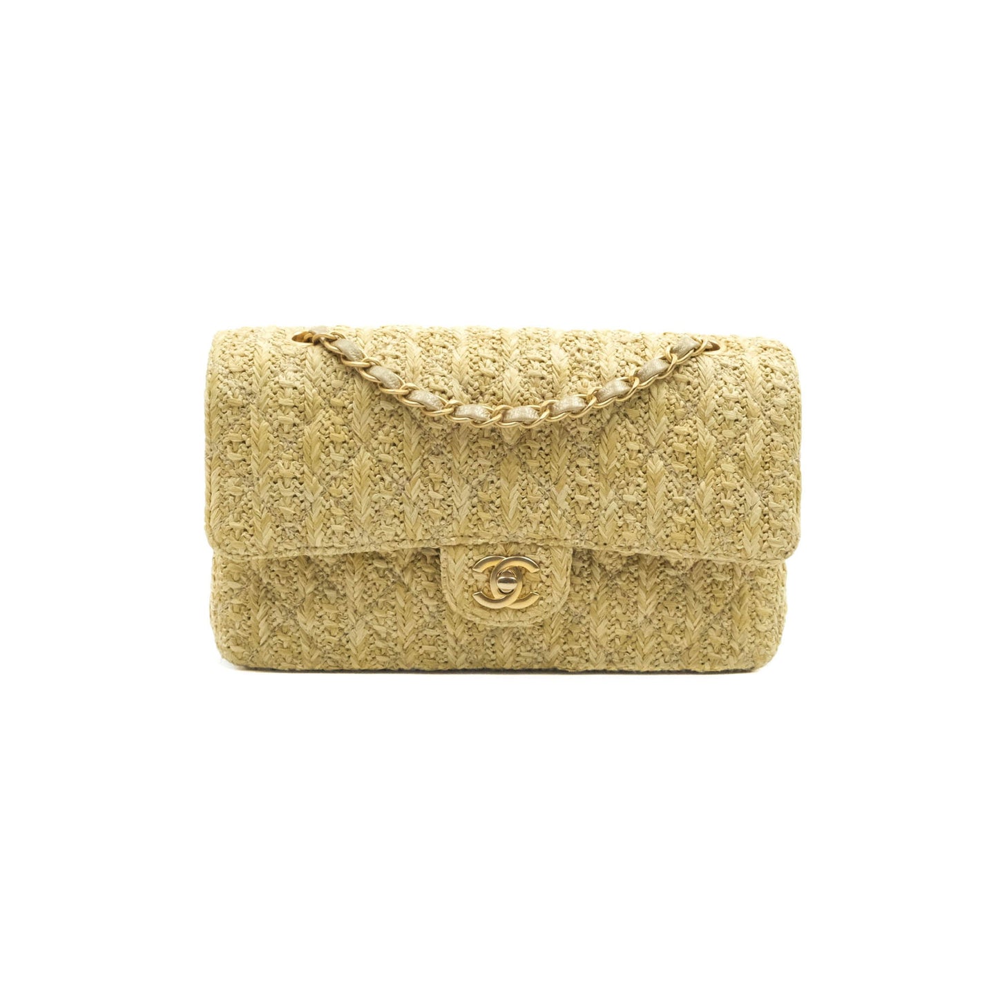 Chanel Classic M/L Medium Double Flap Woven Reed Aged Gold Hardware