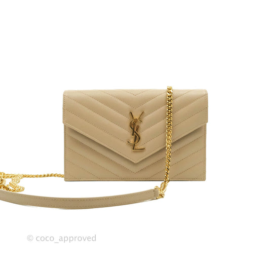 Saint Laurent Small Wallet on Chain Beige Grained Leather Gold Hardware