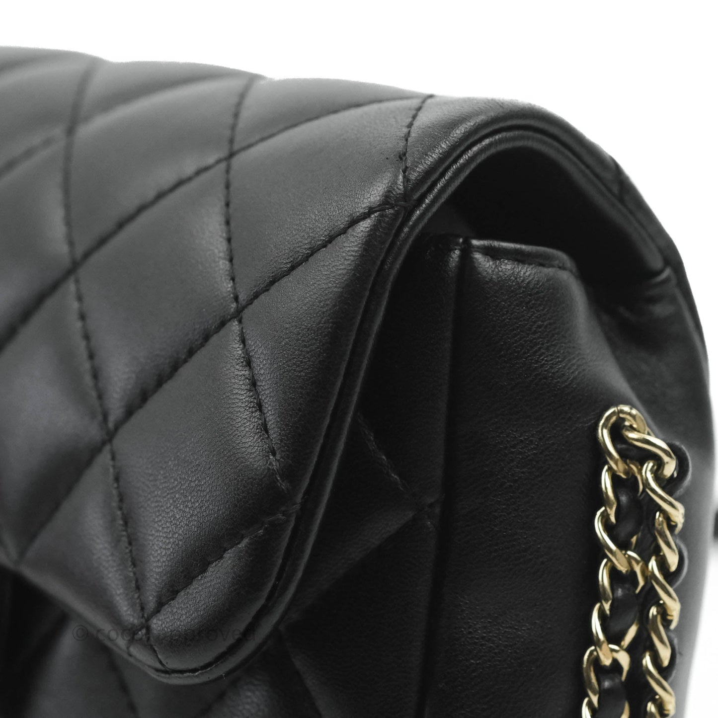 Chanel Logo Pearl Chain Flap Bag Black Lambskin Gold Hardware