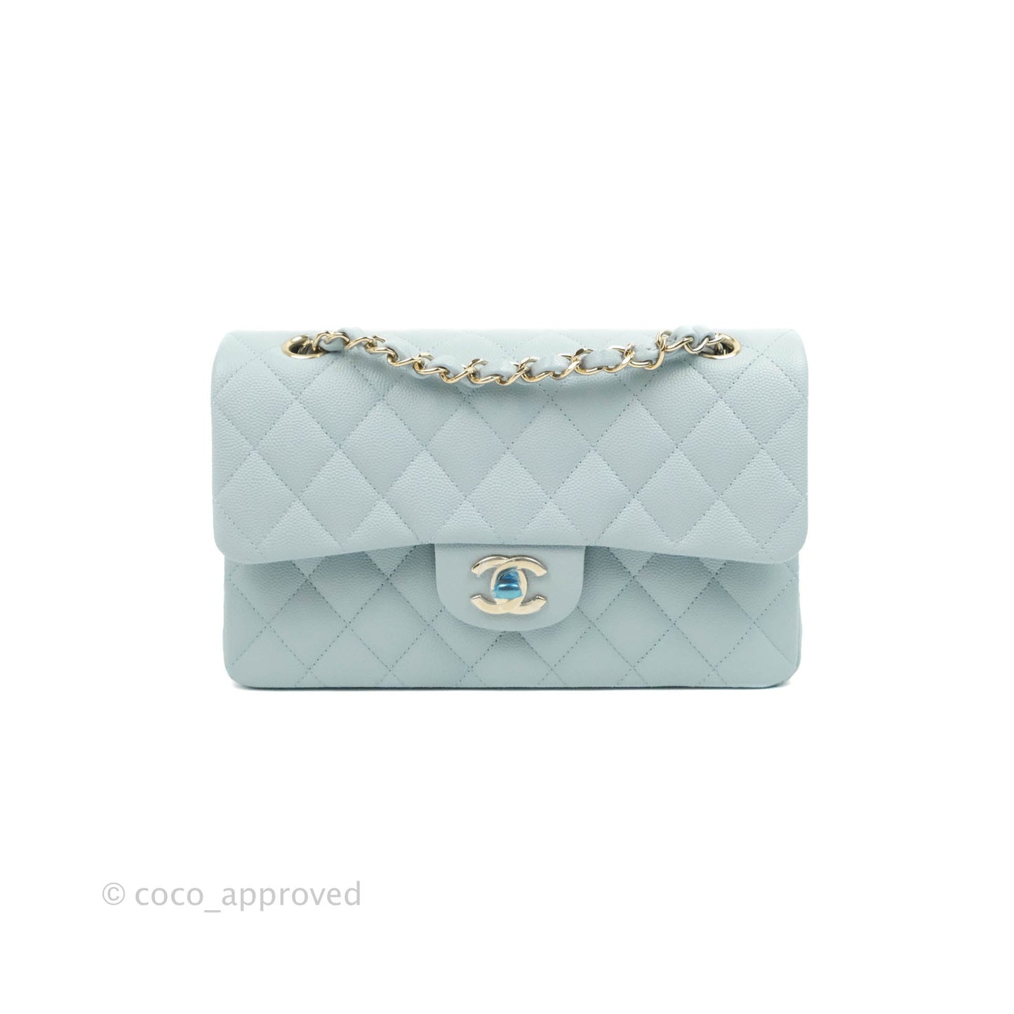 Chanel Small Classic Quilted Flap Light Blue Caviar Gold Hardware