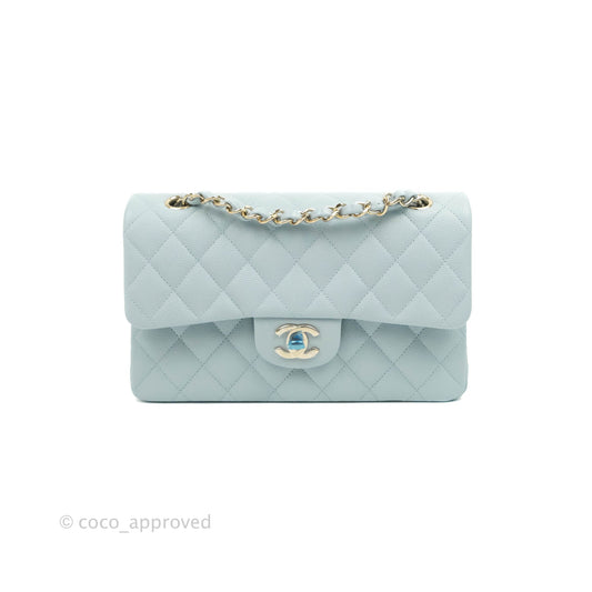 Chanel Small Classic Quilted Flap Light Blue Caviar Gold Hardware