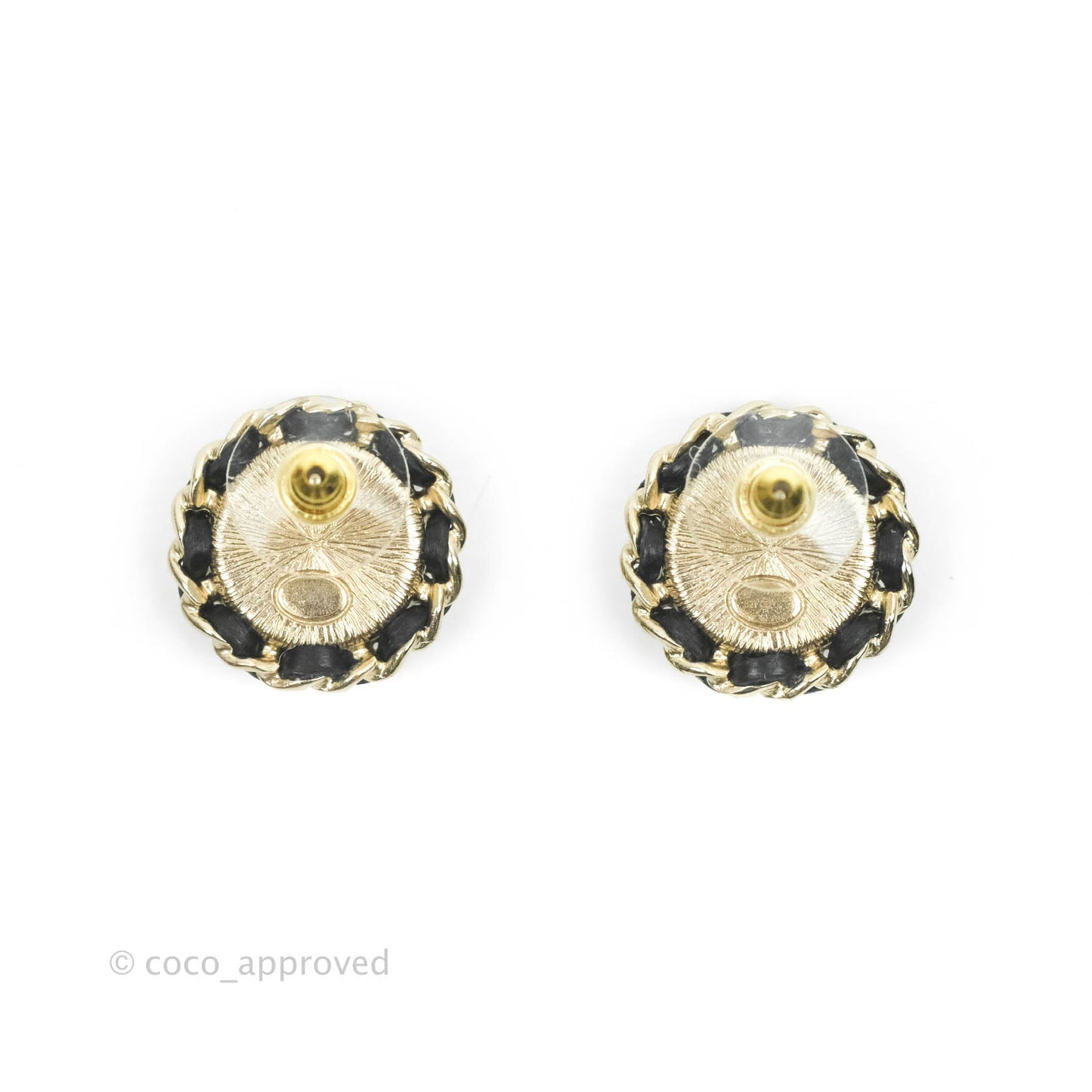 Chanel CC Pearl Crystal Black Lambskin Braided Round Earrings 21K