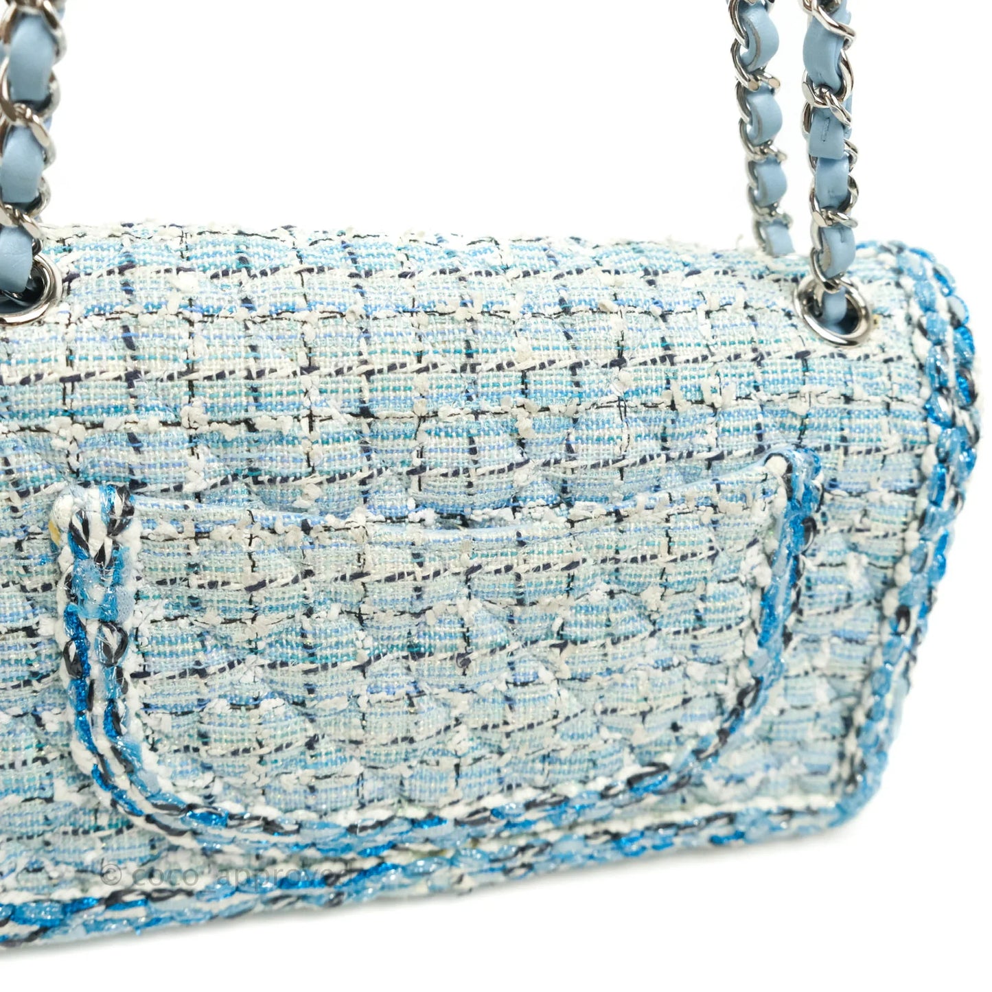 Chanel Medium Classic Double Flap Bag Blue Tweed Silver Hardware 19C