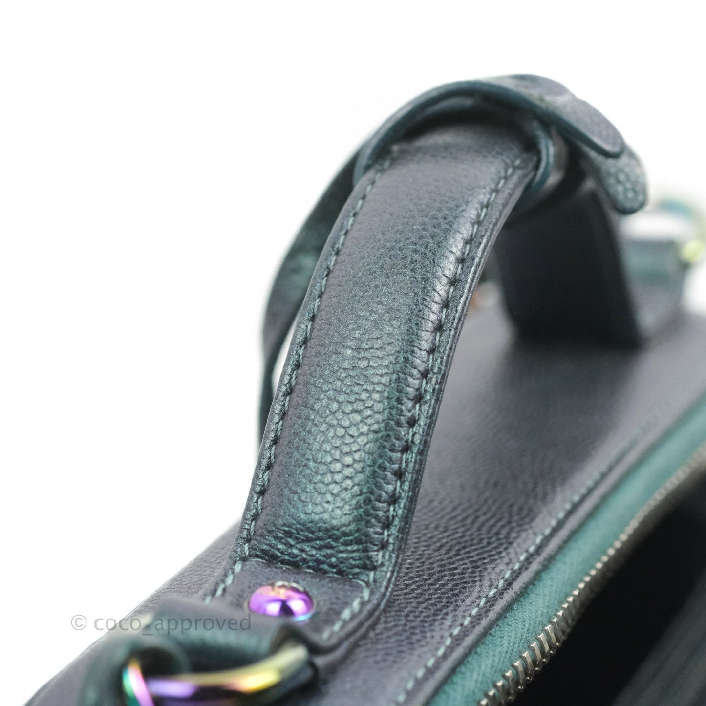 Chanel Quilted Medium CC Filigree Vanity Case Iridescent Dark Turquoise Caviar Rainbow Hardware