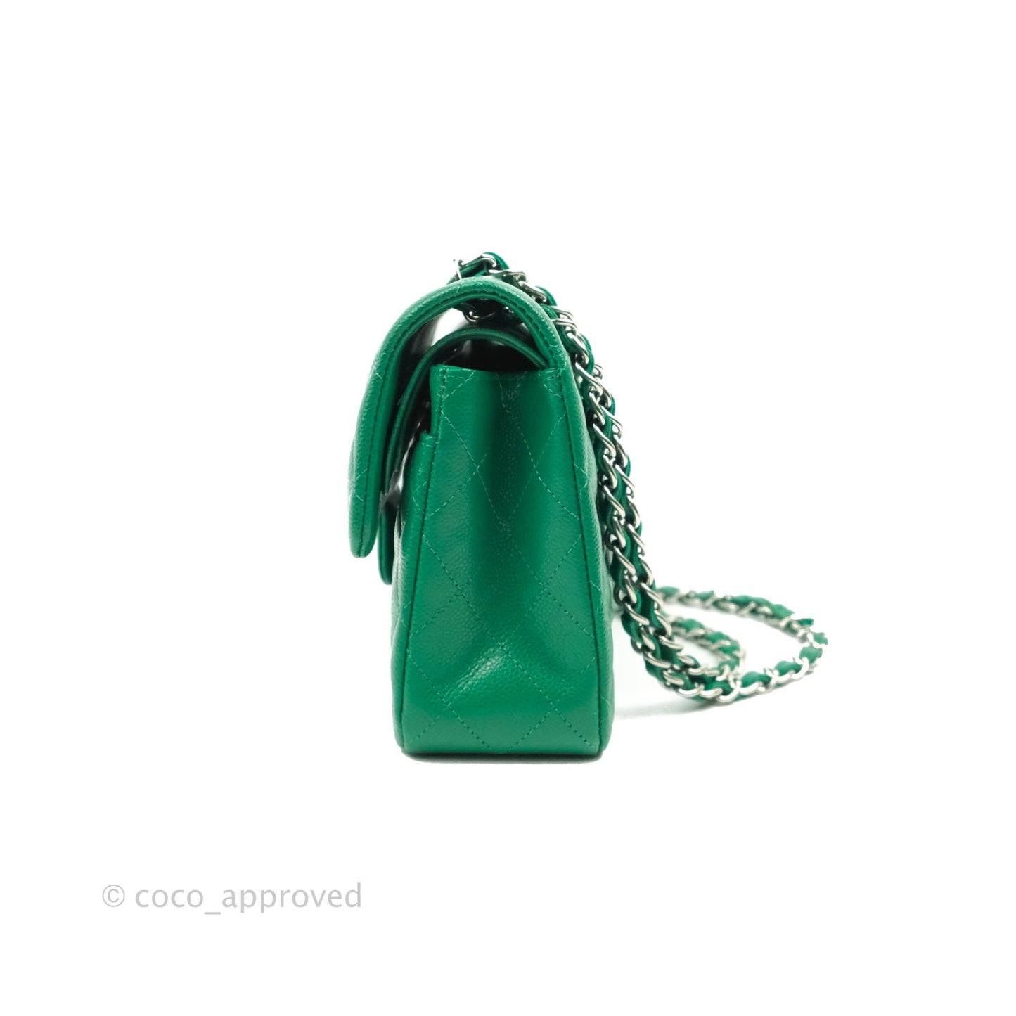Chanel Small Classic Quilted Flap Green Caviar Silver Hardware 20B