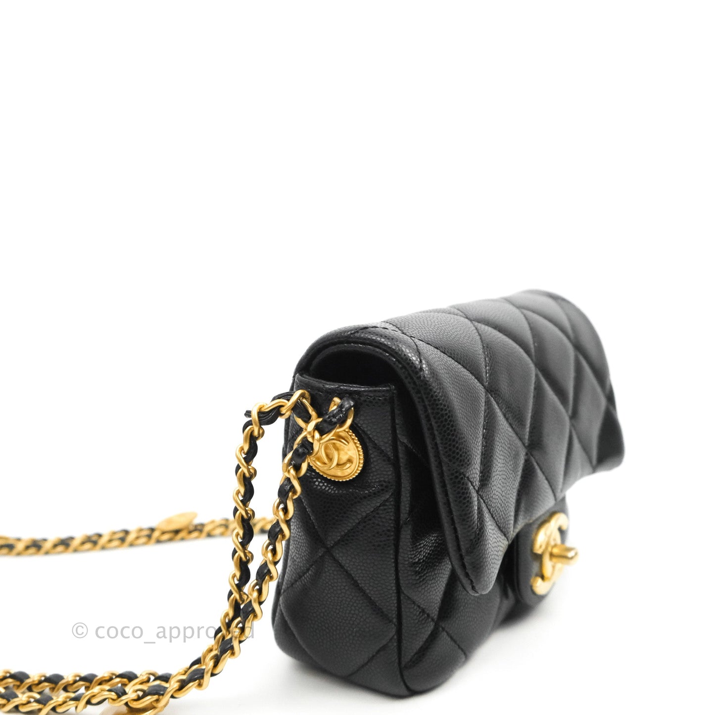 Chanel Mini Flap with Coin Charm Black Caviar Aged Gold Hardware 22A