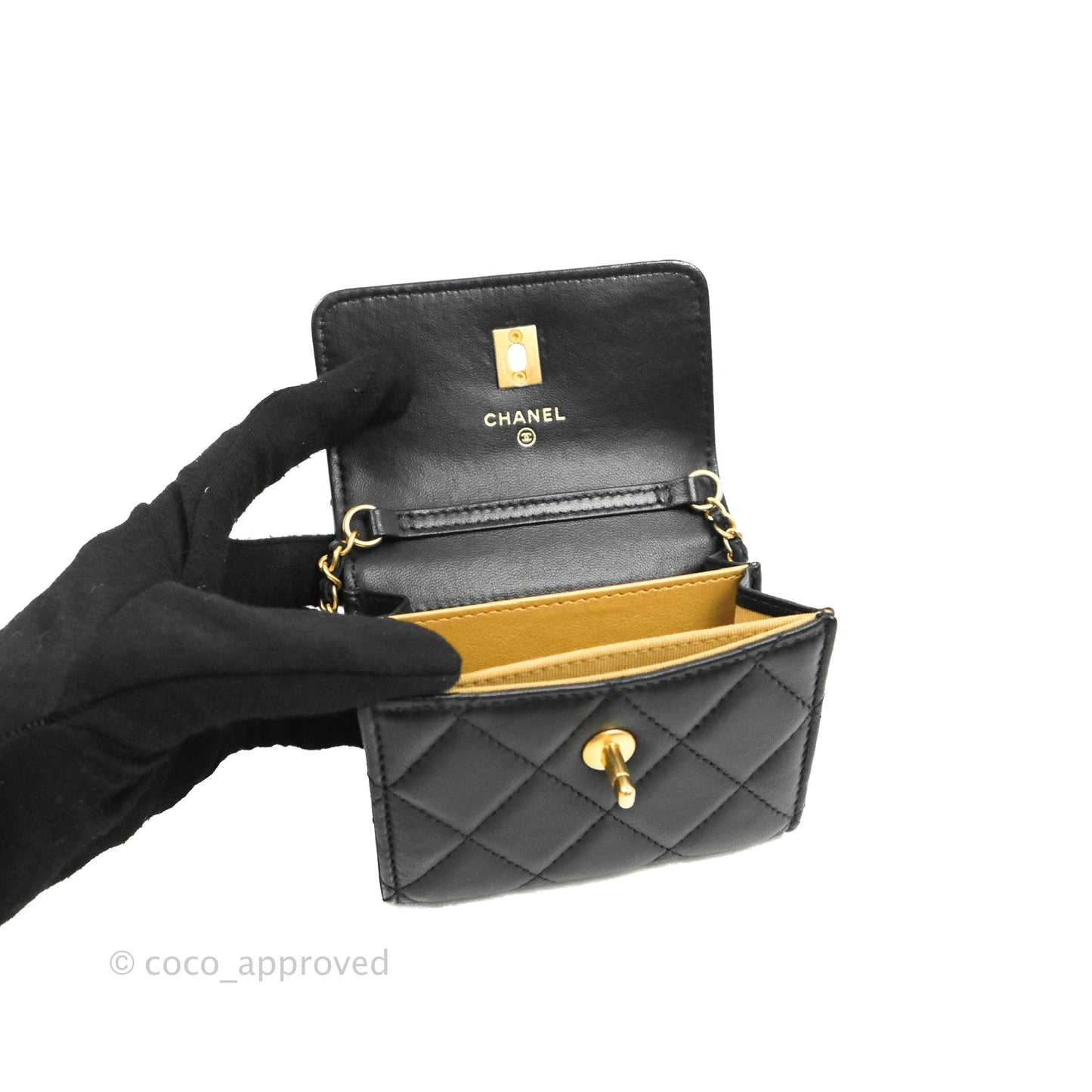 Chanel Pearl Crush Mini Clutch With Chain Black Lambskin Aged Gold Hardware