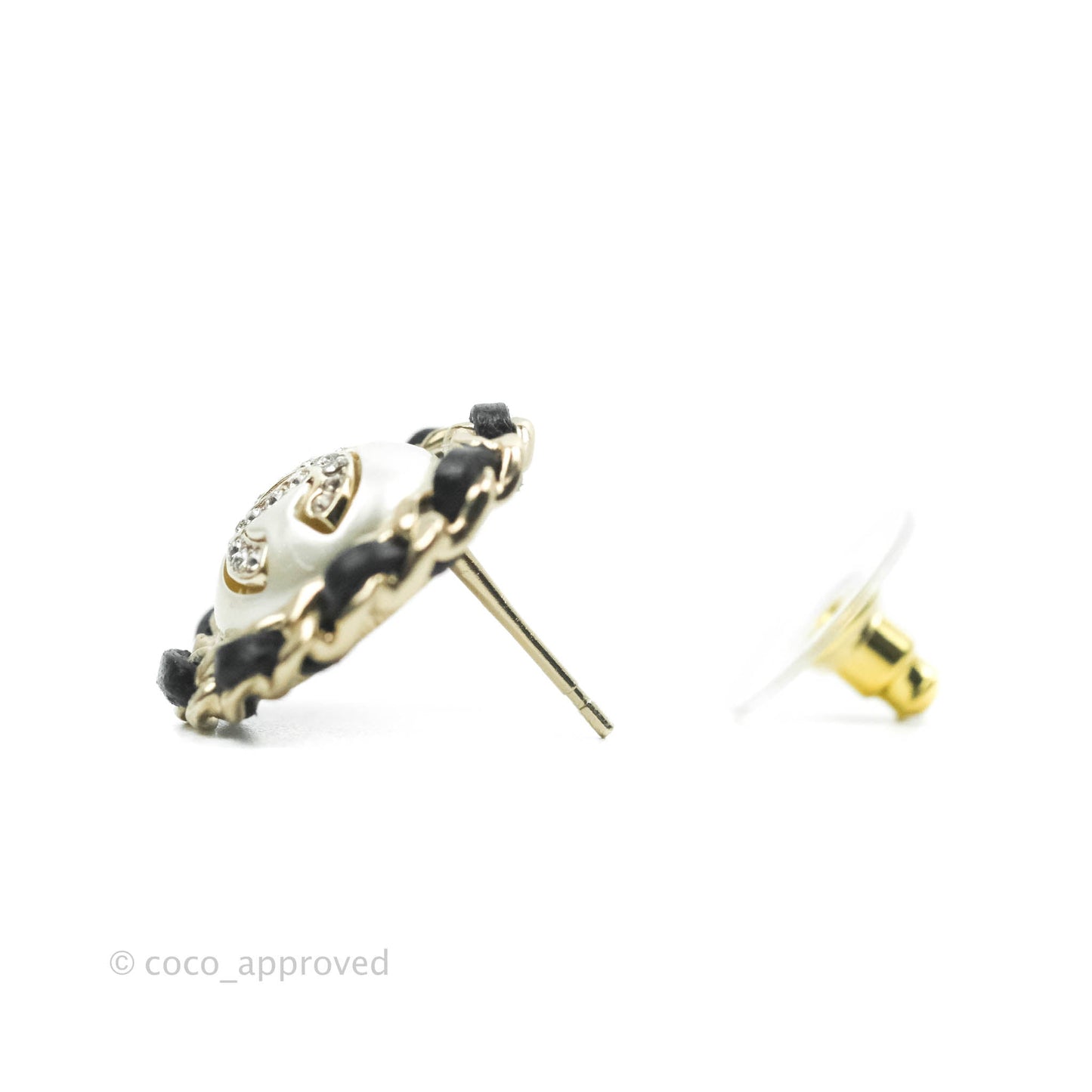 Chanel CC Pearl Crystal Black Lambskin Braided Round Earrings 21K