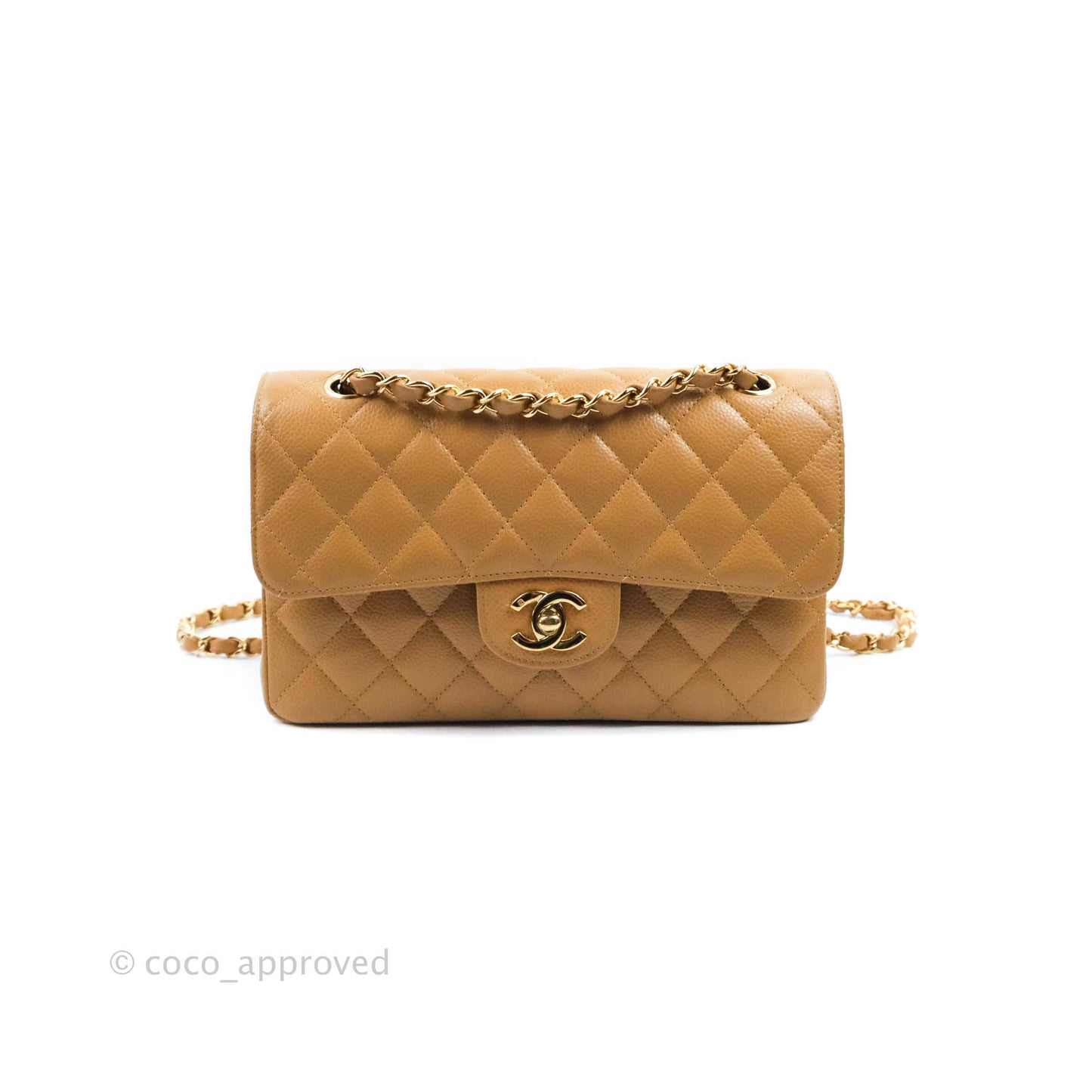 Chanel S/M Small Classic Quilted Flap Dark Beige Caviar 24K Gold Hardware