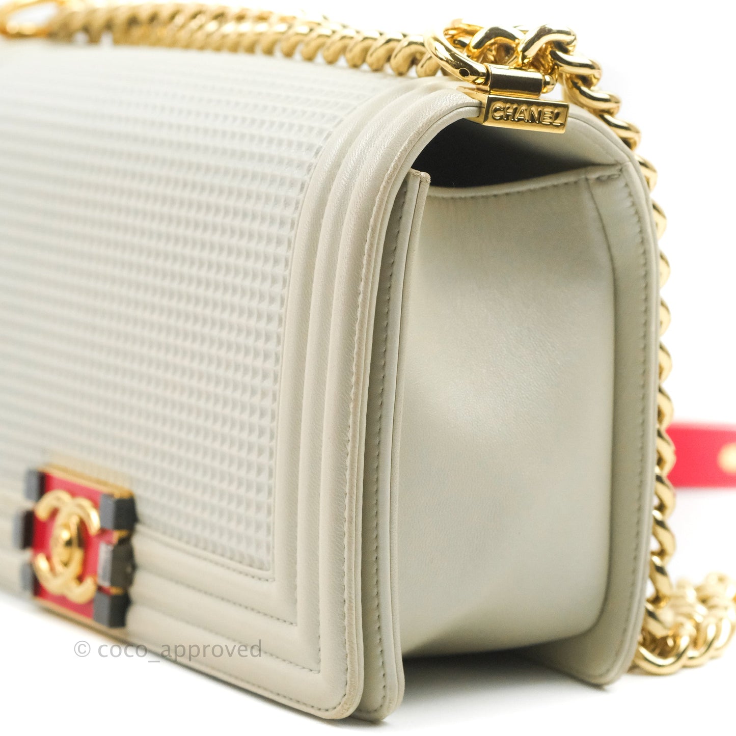 Chanel Cube Embossed Medium Boy Bag Iridescent Pearl White Lambskin Gold Hardware
