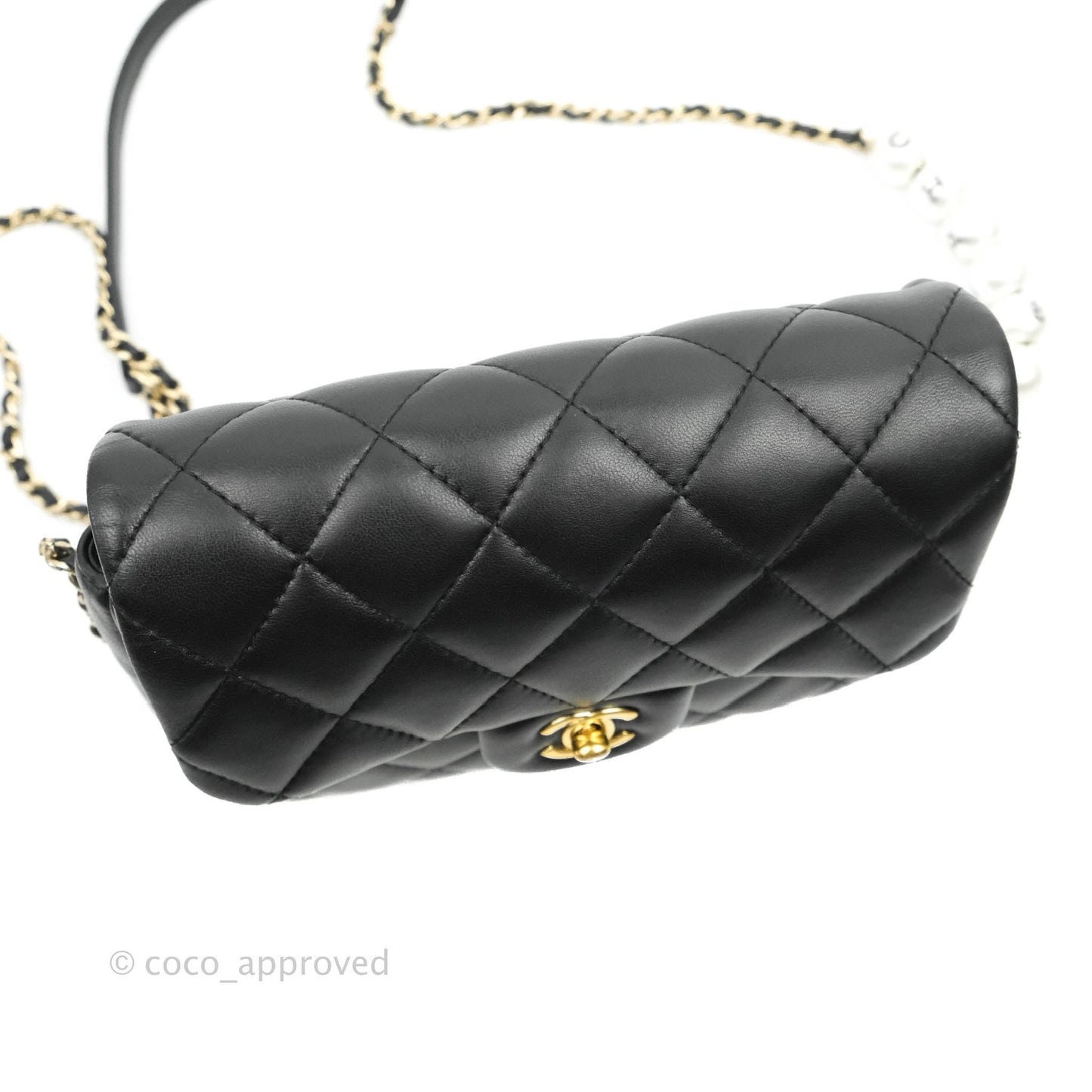 Chanel Logo Pearl Chain Flap Bag Black Lambskin Gold Hardware
