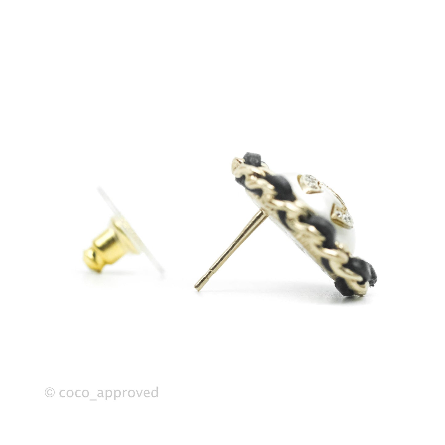 Chanel CC Pearl Crystal Black Lambskin Braided Round Earrings 21K