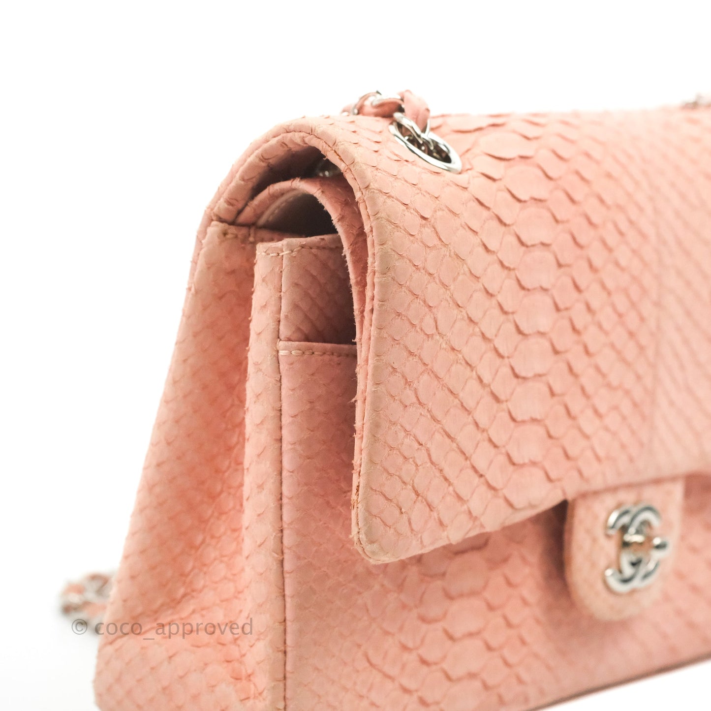 Chanel Classic M/L Medium Flap Quilted Pink Python Silver Hardware