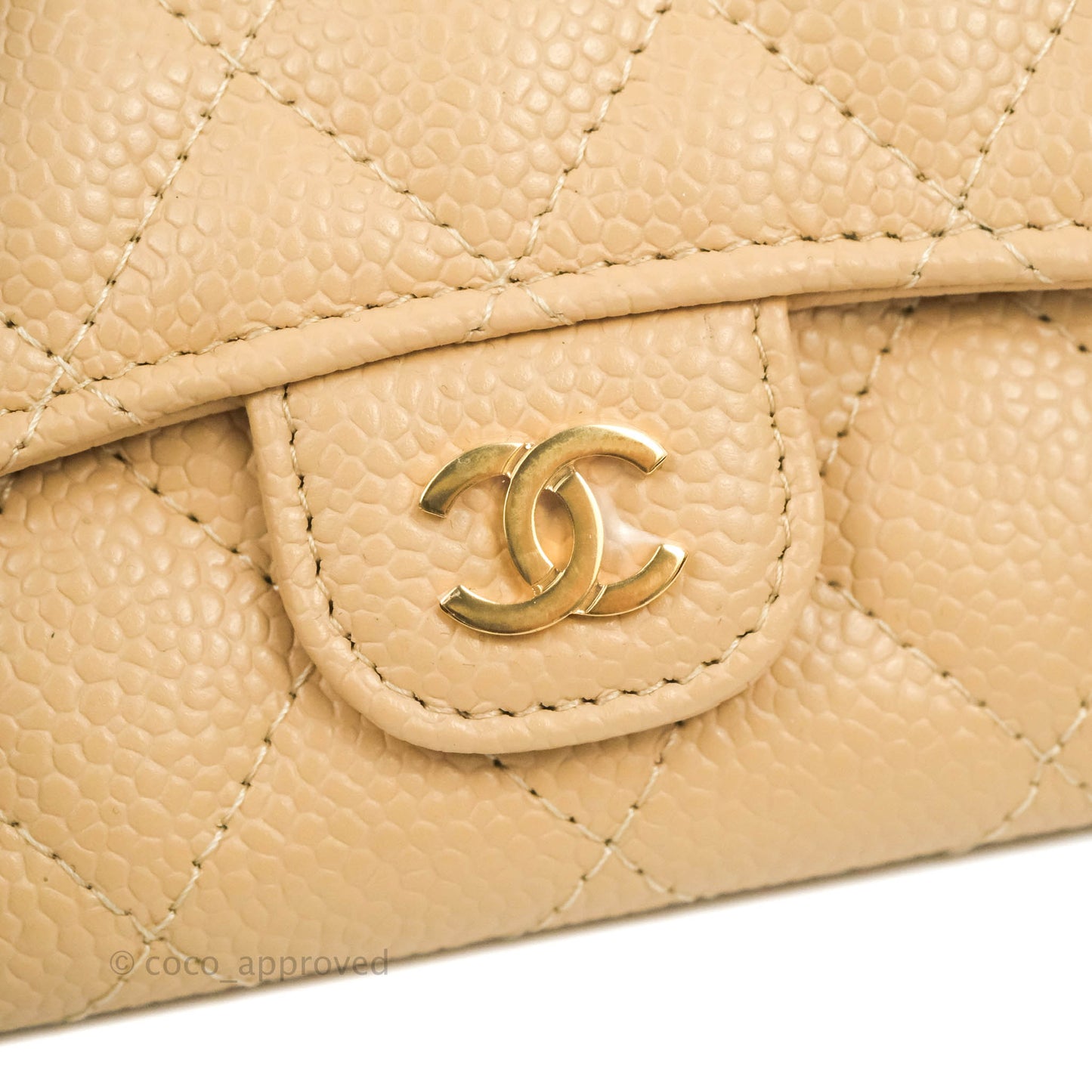 Chanel Quilted Flap Card Holder Beige Caviar Gold Hardware