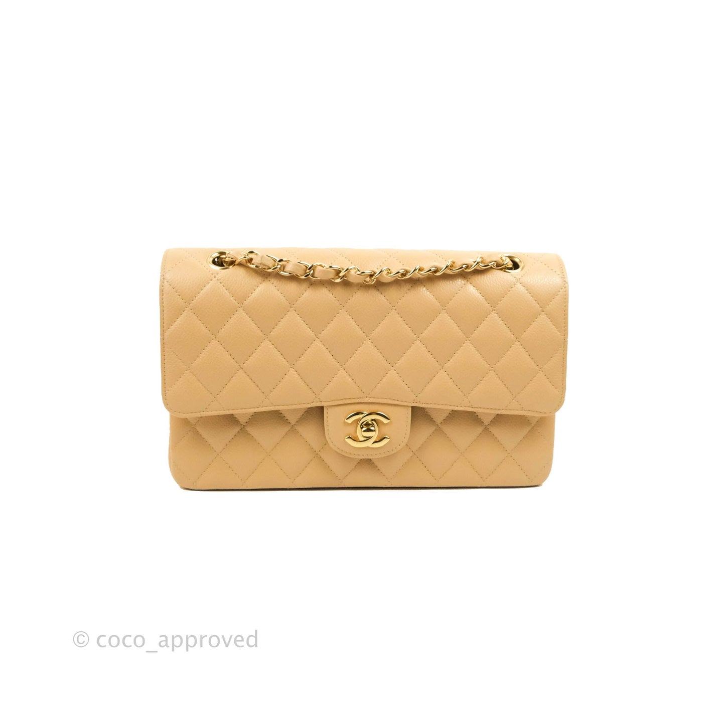 Chanel Classic M/L Medium Flap Quilted Beige Caviar Gold Hardware