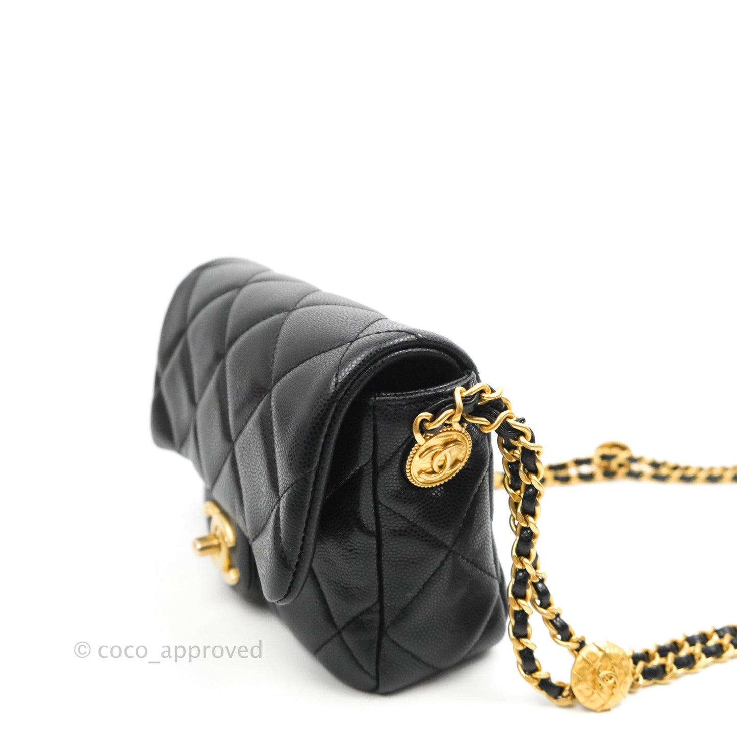 Chanel Mini Flap with Coin Charm Black Caviar Aged Gold Hardware 22A