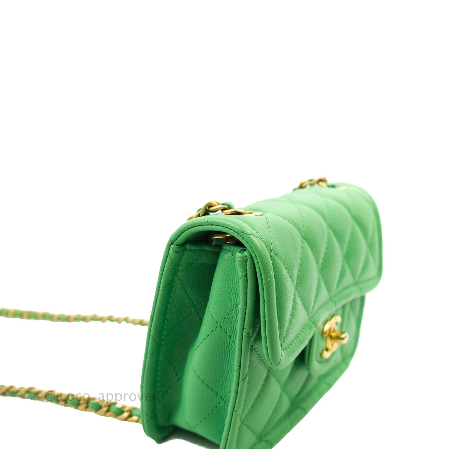 Chanel Mini Square Sweet Quilted Flap Green Caviar Aged Gold Hardware 21P