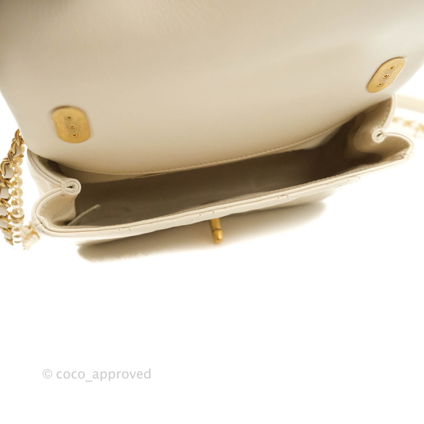 Chanel Mini Rectangular Crystal Pearls Chain Flap White Calfskin Aged Gold Hardware