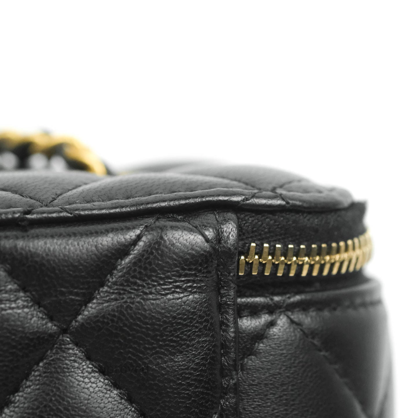 Chanel Vanity with Pearl Crush Chain in Black Lambskin Aged Gold Hardware