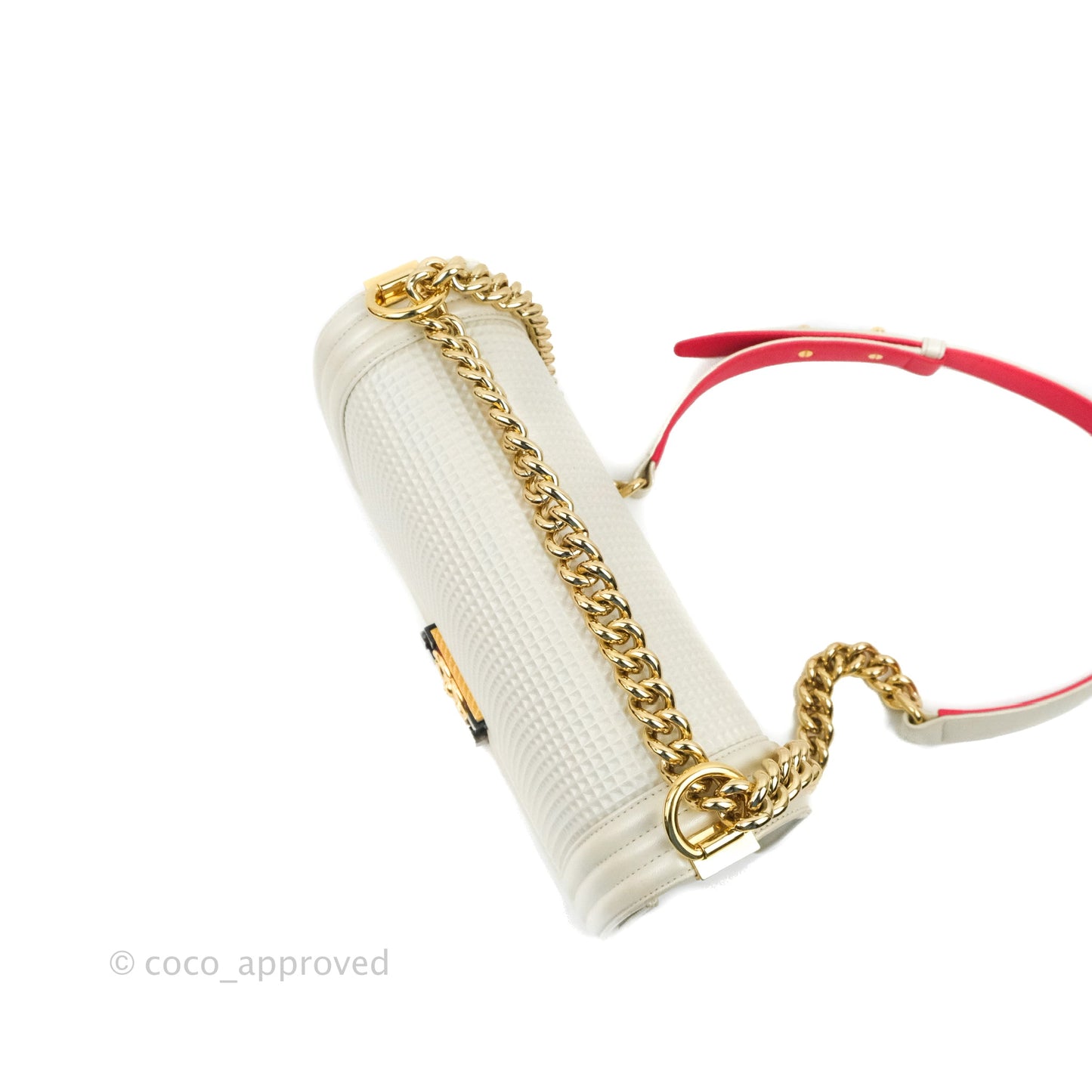 Chanel Cube Embossed Medium Boy Bag Iridescent Pearl White Lambskin Gold Hardware