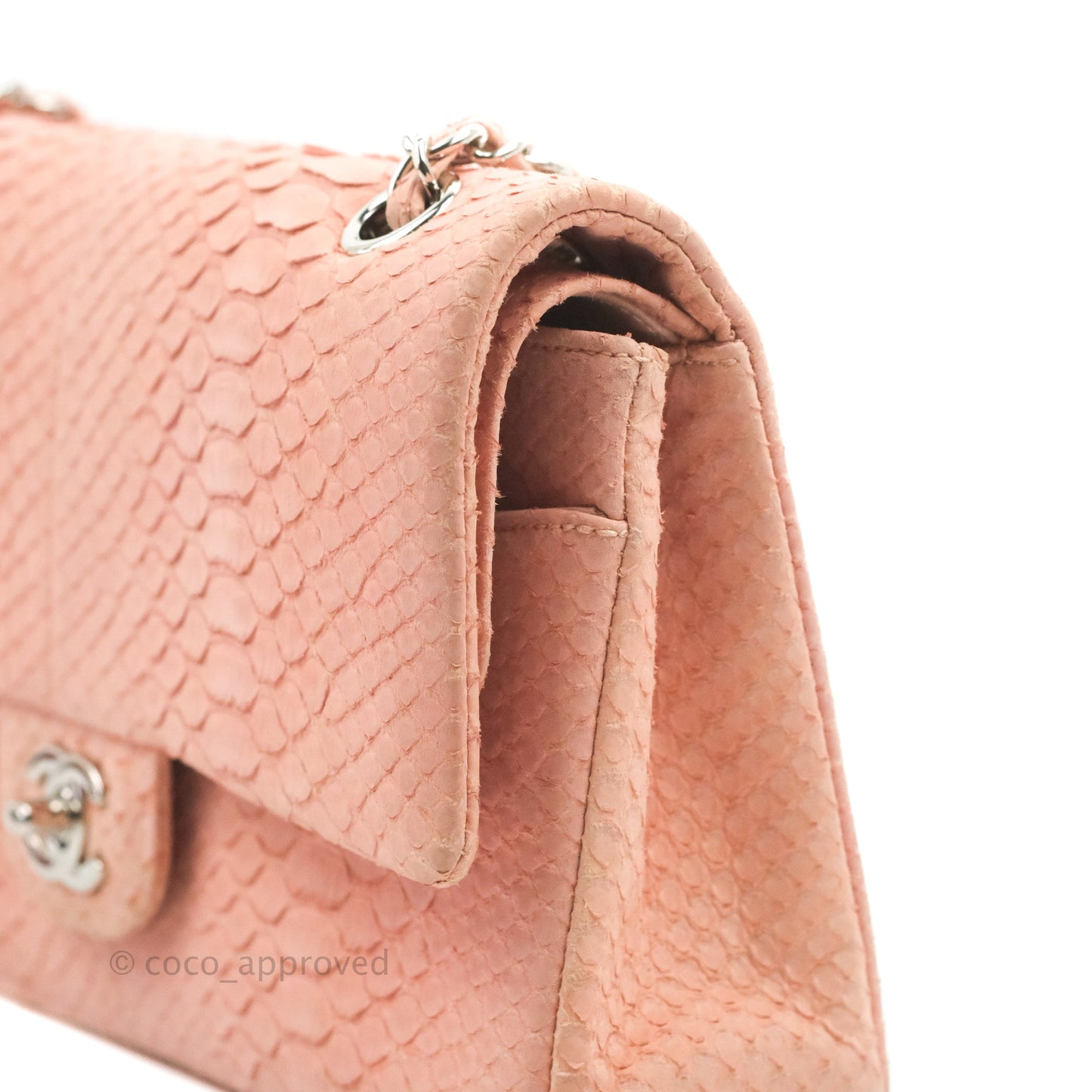 Chanel Classic M/L Medium Flap Quilted Pink Python Silver Hardware