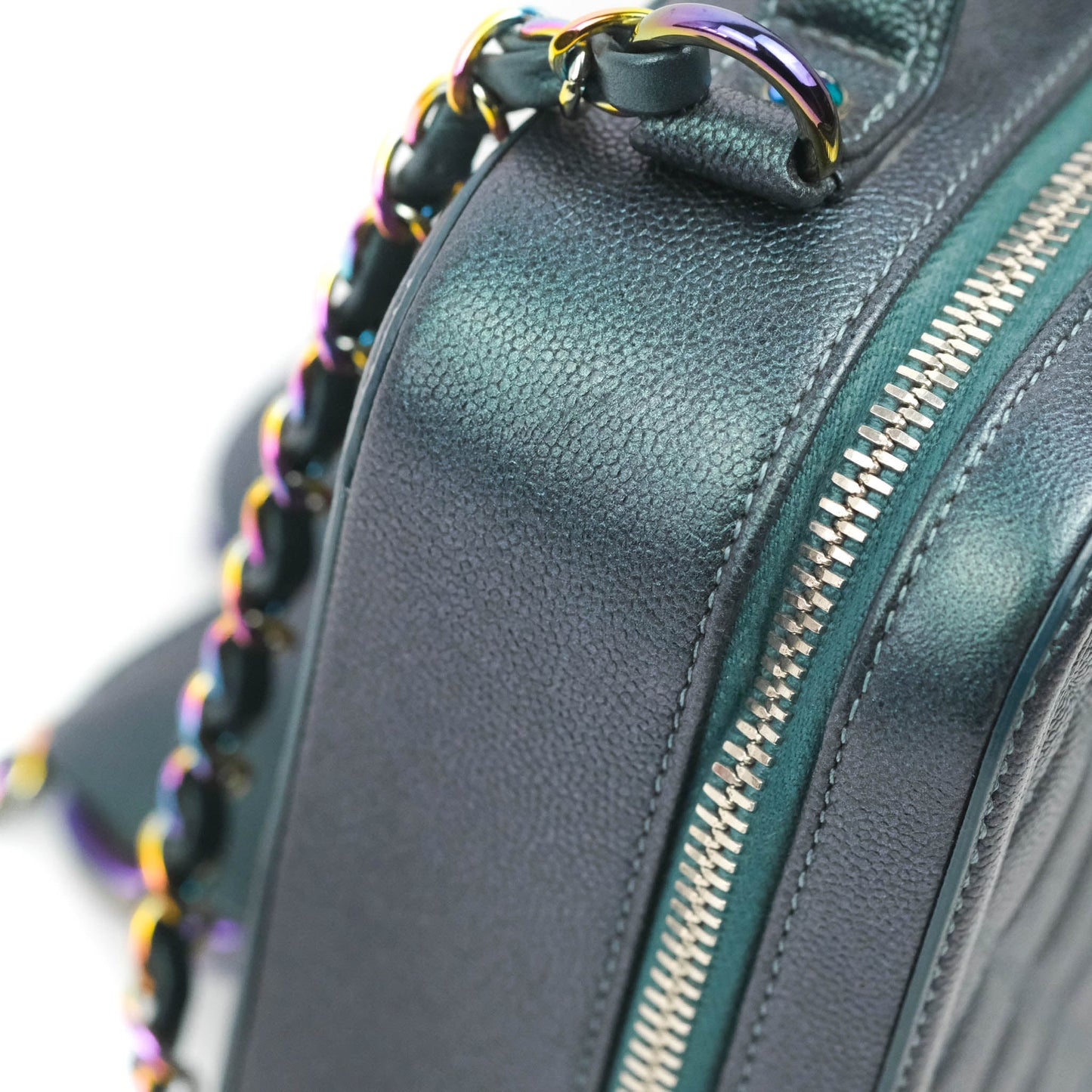 Chanel Quilted Medium CC Filigree Vanity Case Iridescent Dark Turquoise Caviar Rainbow Hardware