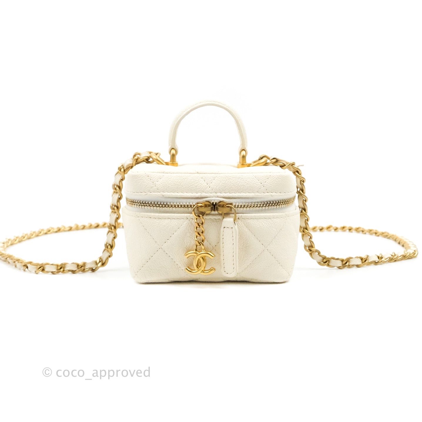 Chanel Mini Clutch With Chain White Caviar Aged Gold Hardware