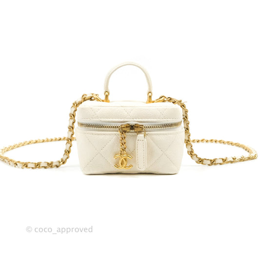 Chanel Mini Clutch With Chain White Caviar Aged Gold Hardware