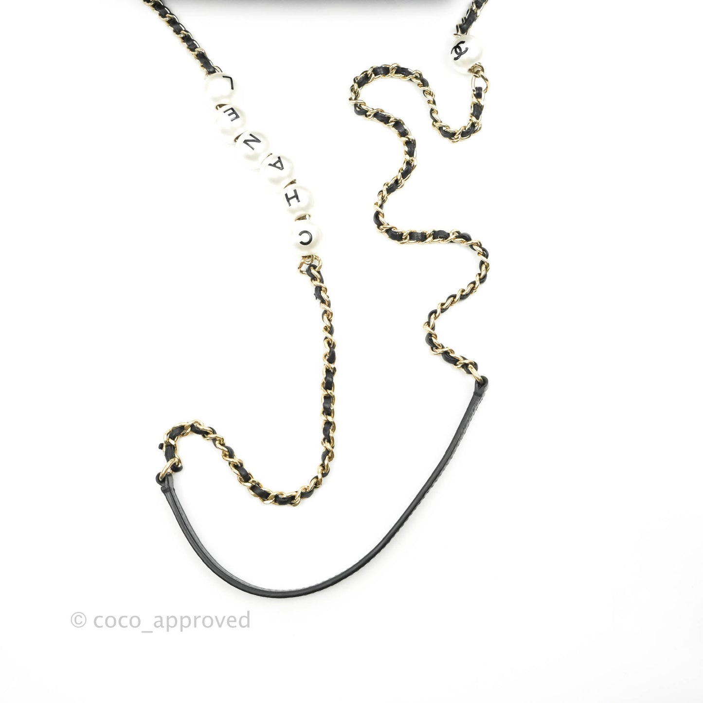 Chanel Logo Pearl Chain Flap Bag Black Lambskin Gold Hardware