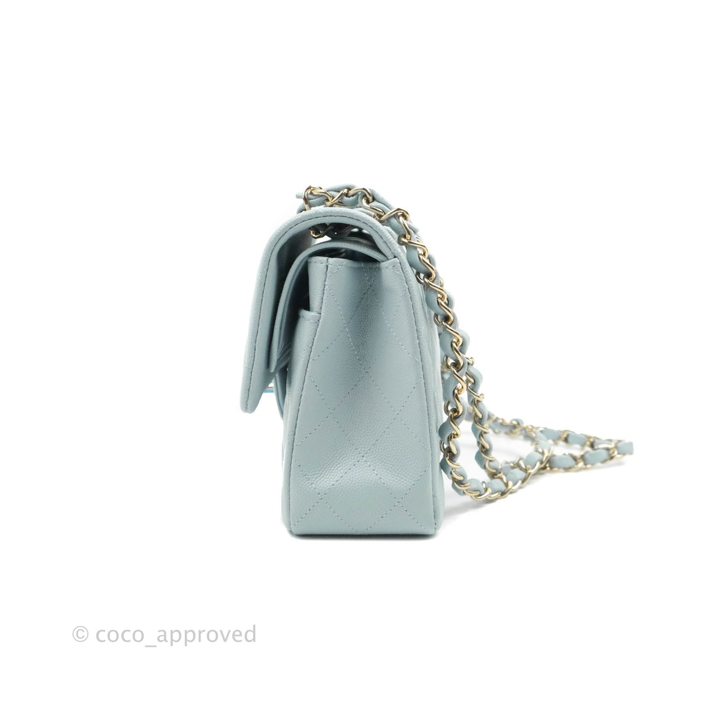 Chanel Small Classic Quilted Flap Light Blue Caviar Gold Hardware