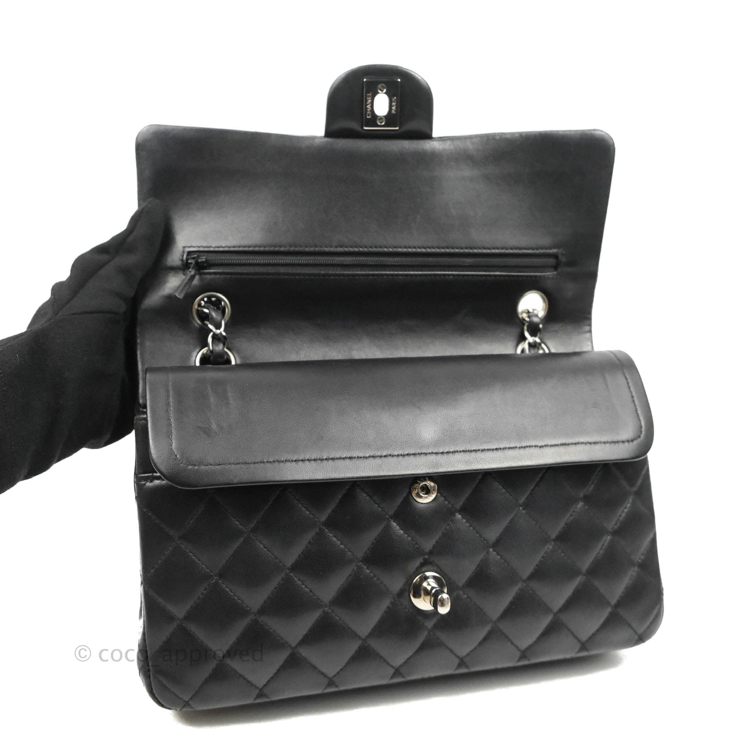 Chanel Quilted Classic M/L Medium Flap Black Lambskin Silver Hardware