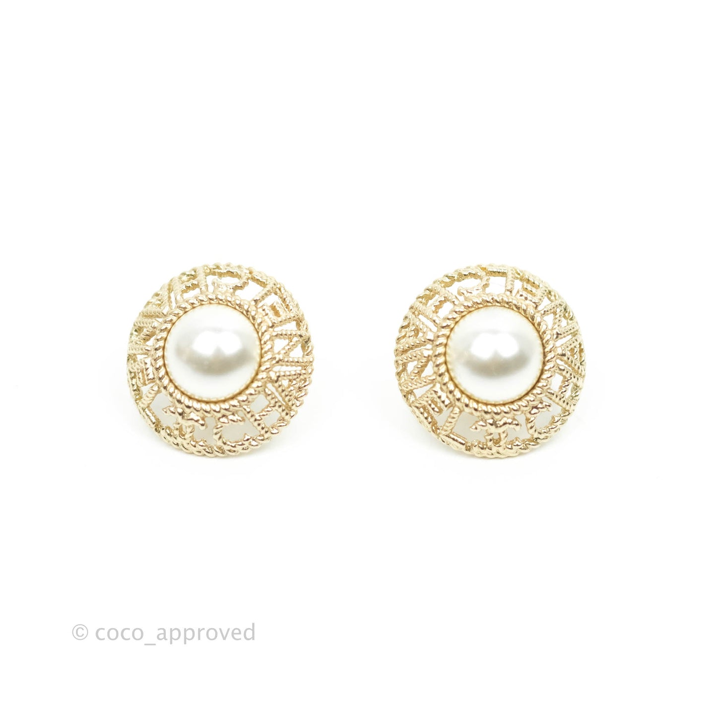 Chanel Pearl CC Round Rope Logo Earrings Gold Tone 21V