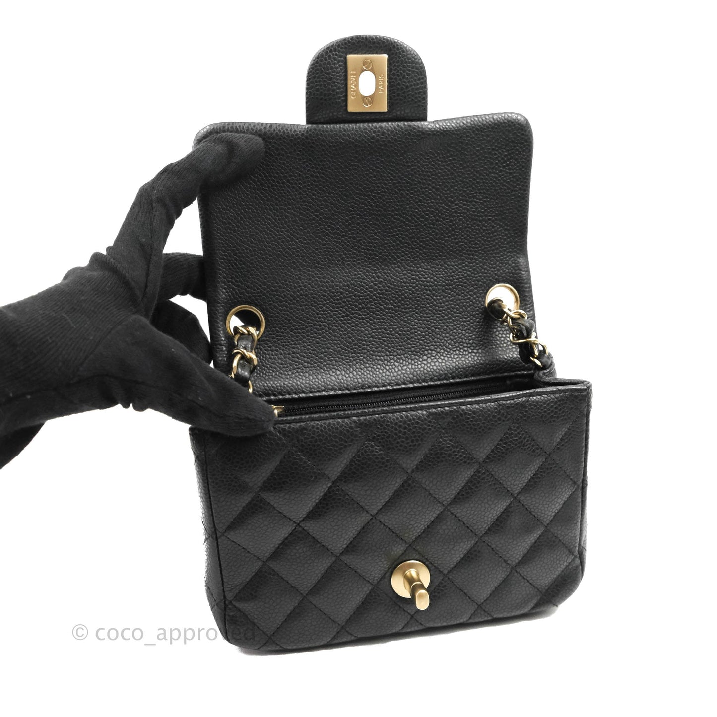 Chanel Quilted Mini Square Flap Bag Pearly Black Caviar Matte Gold Hardware