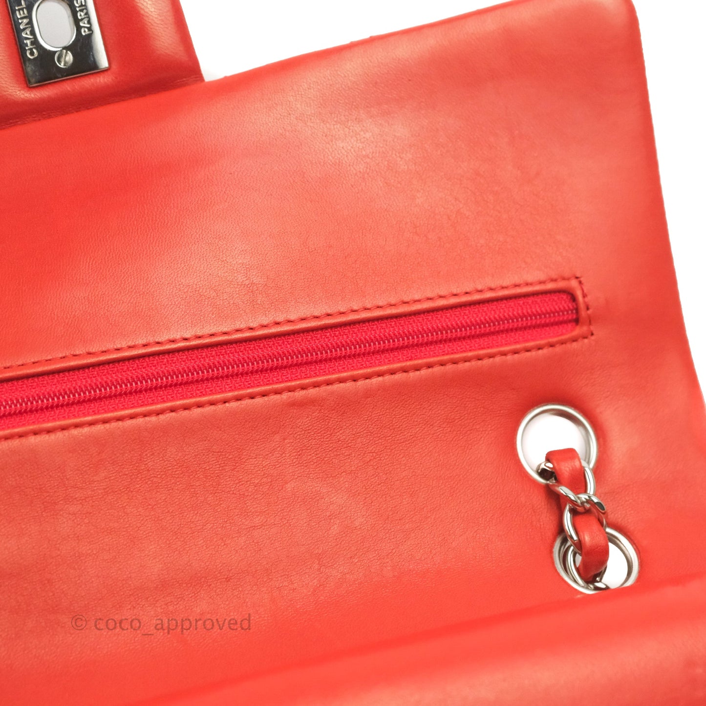 Chanel Classic M/L Medium Flap Quilted Poppy Red Lambskin Silver Hardware