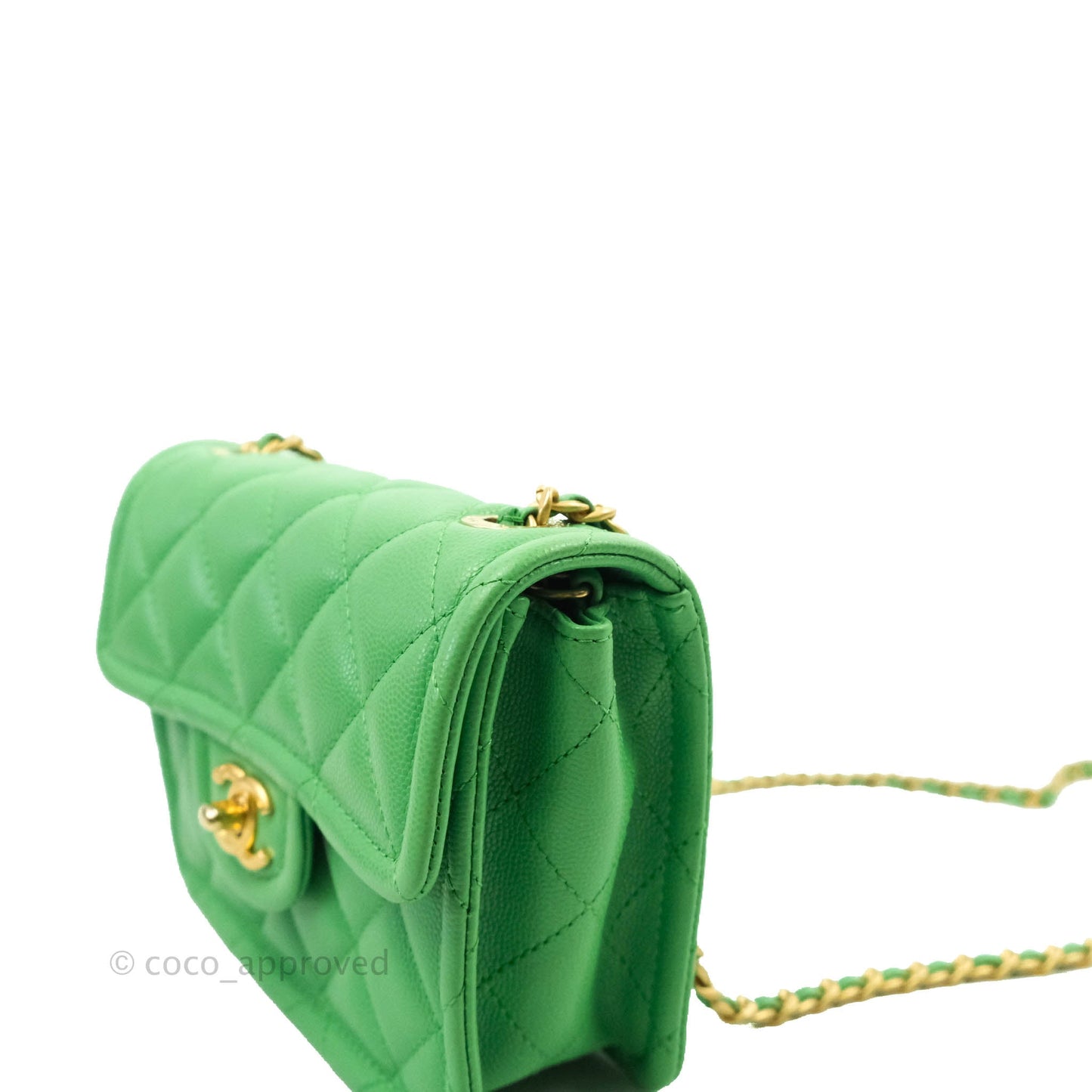 Chanel Mini Square Sweet Quilted Flap Green Caviar Aged Gold Hardware 21P