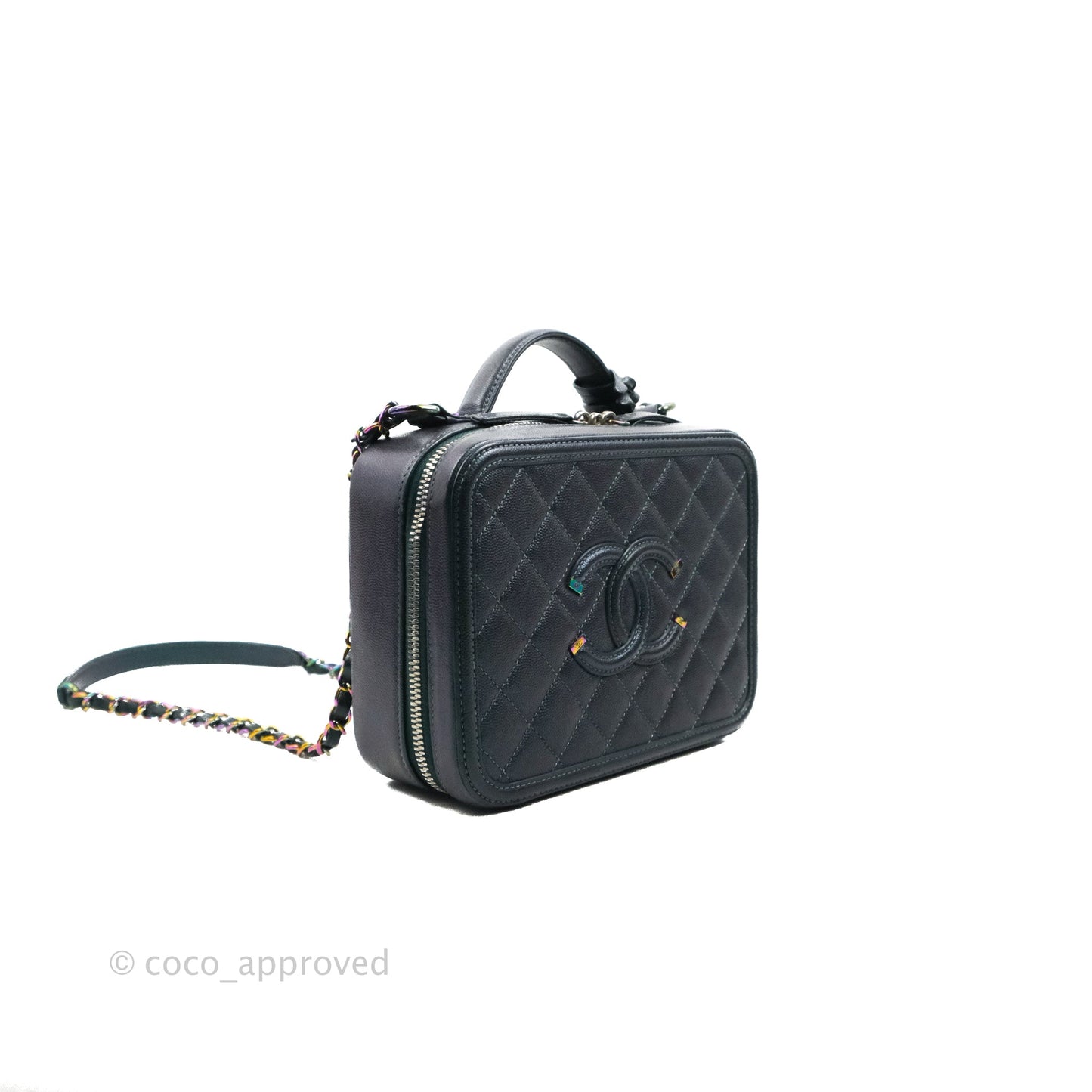 Chanel Quilted Medium CC Filigree Vanity Case Iridescent Dark Turquoise Caviar Rainbow Hardware
