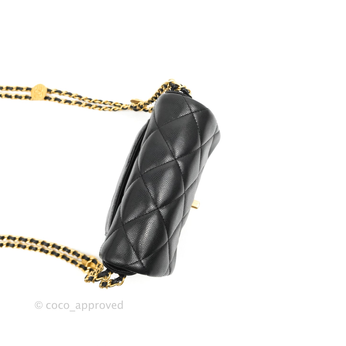 Chanel Mini Flap with Coin Charm Black Caviar Aged Gold Hardware 22A