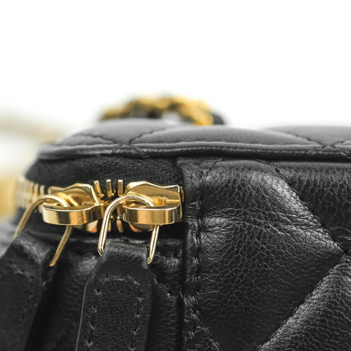 Chanel Vanity with Pearl Crush Chain in Black Lambskin Aged Gold Hardware