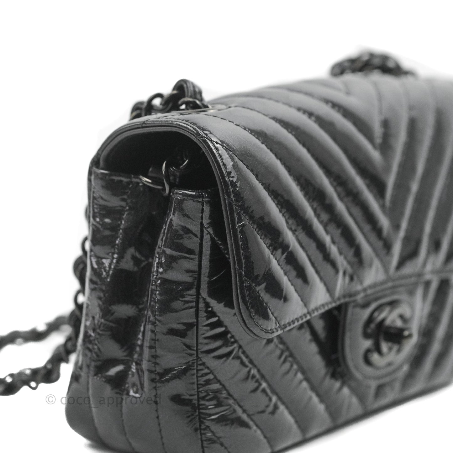 Chanel Mini Rectangular Flap Chevron Black Crumpled Metallic Patent So Black