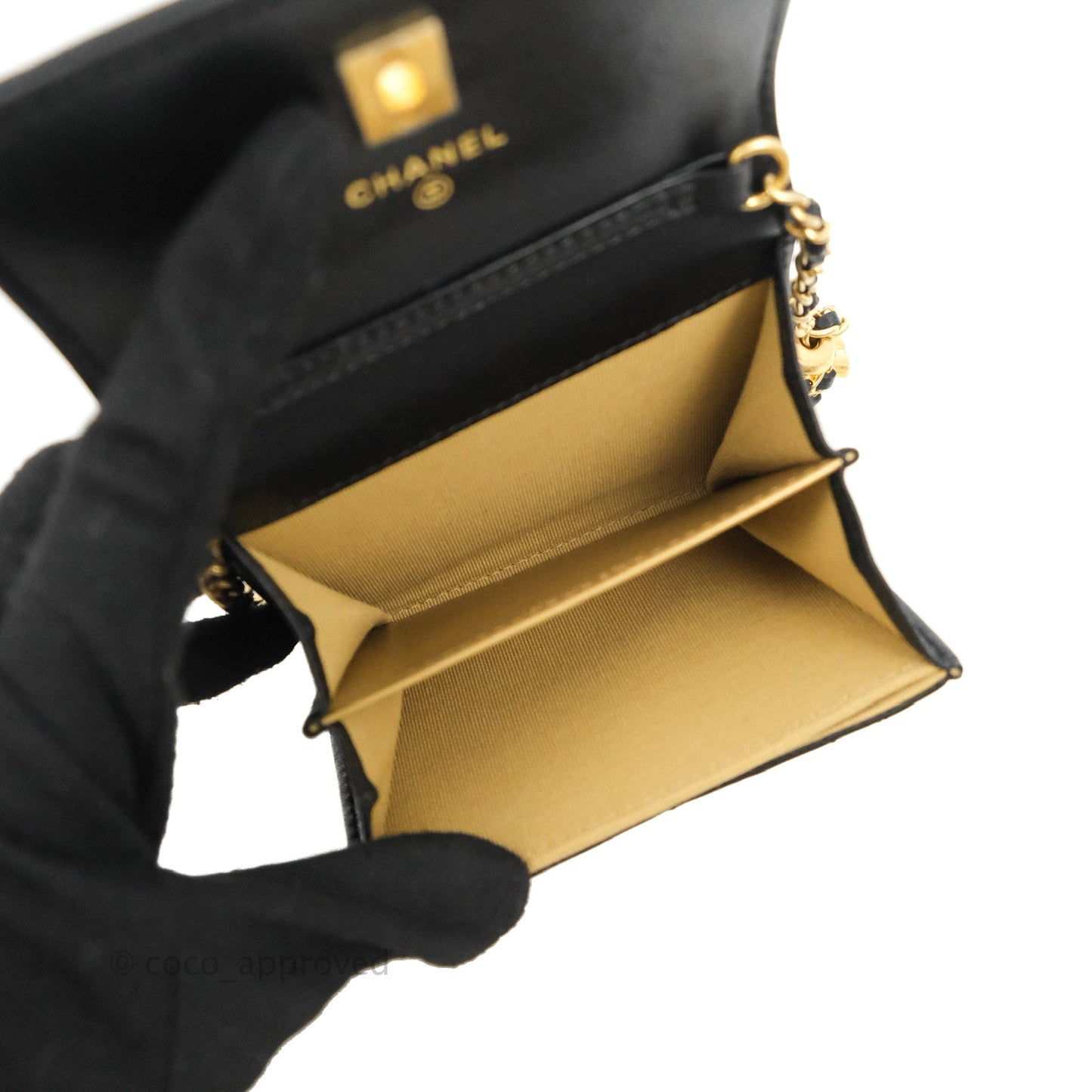Chanel Pearl Crush Mini Clutch With Chain Black Lambskin Aged Gold Hardware