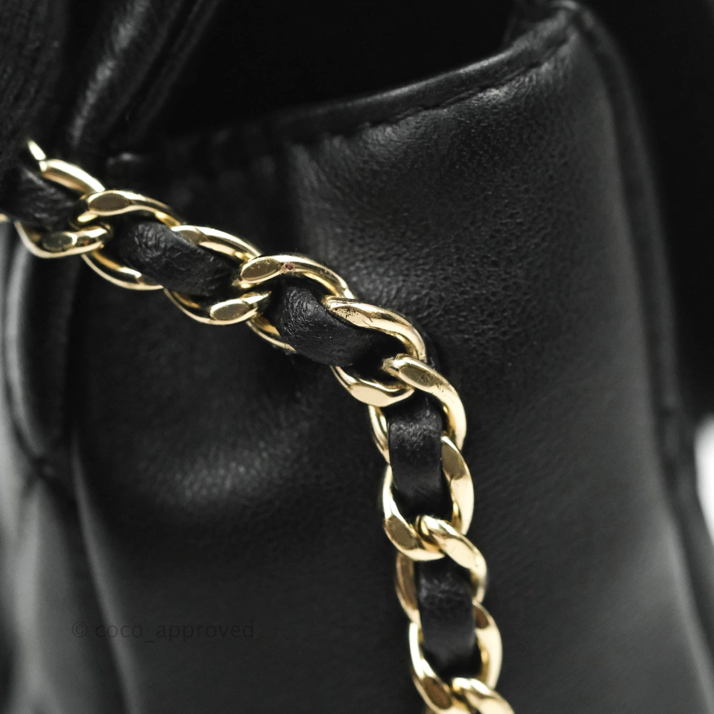 Chanel Logo Pearl Chain Flap Bag Black Lambskin Gold Hardware