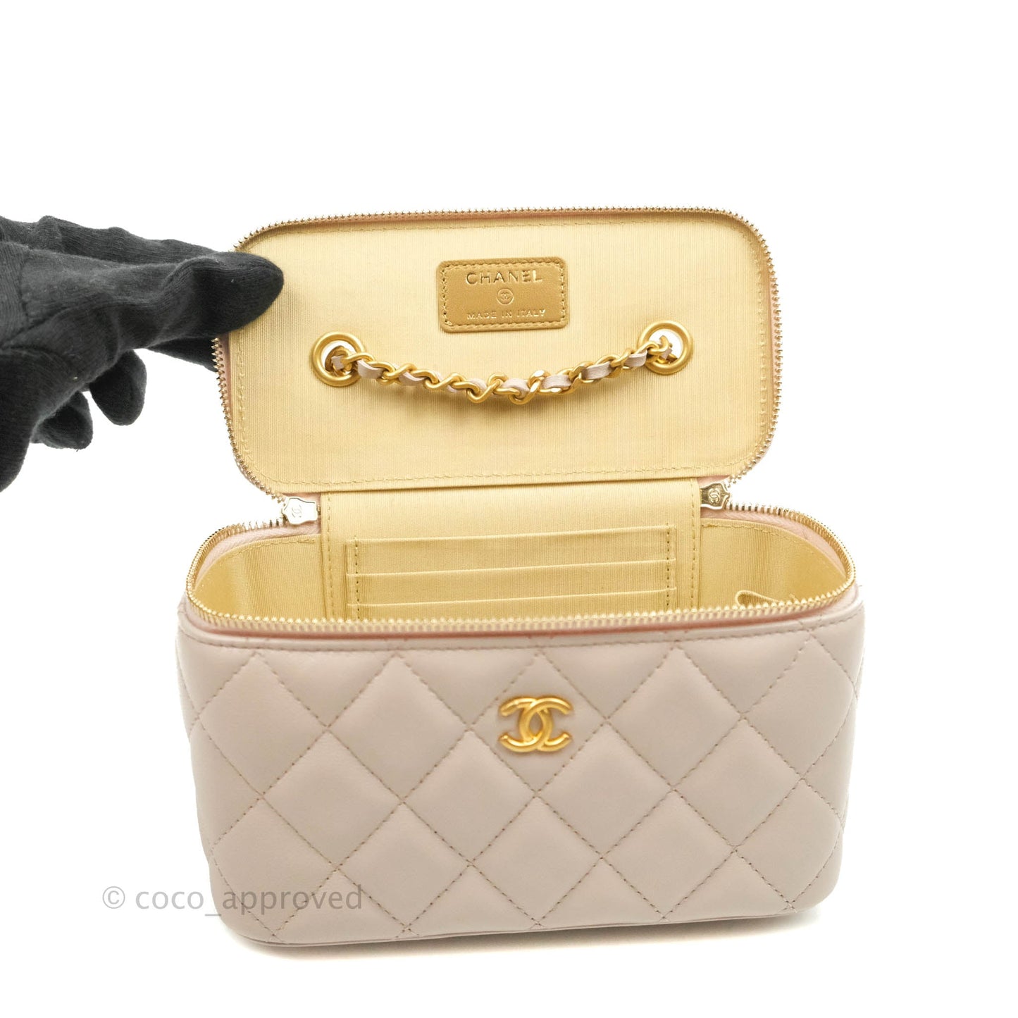 Chanel Vanity with Pearl Crush Chain Pale Lilac Pink Lambskin Aged Gold Hardware
