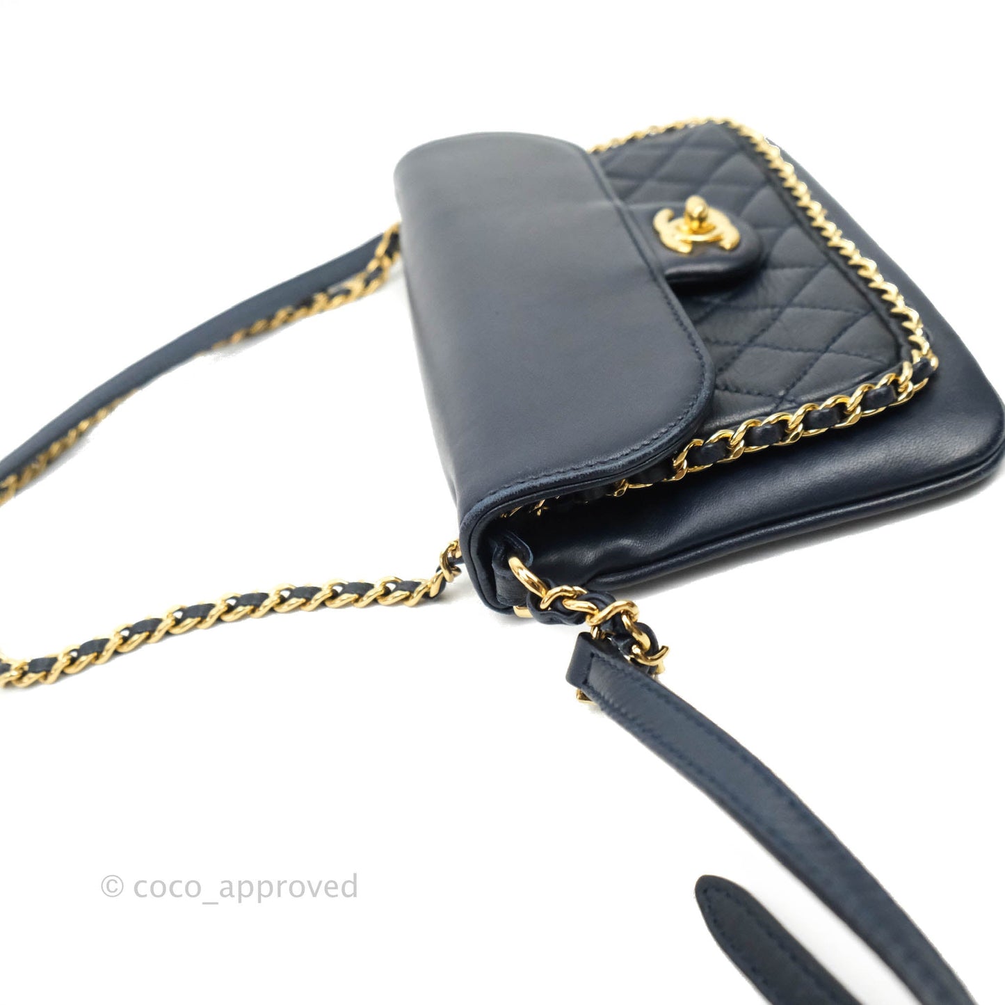 Chanel Flat Flap Bag With Chain Navy Calfskin Gold Hardware