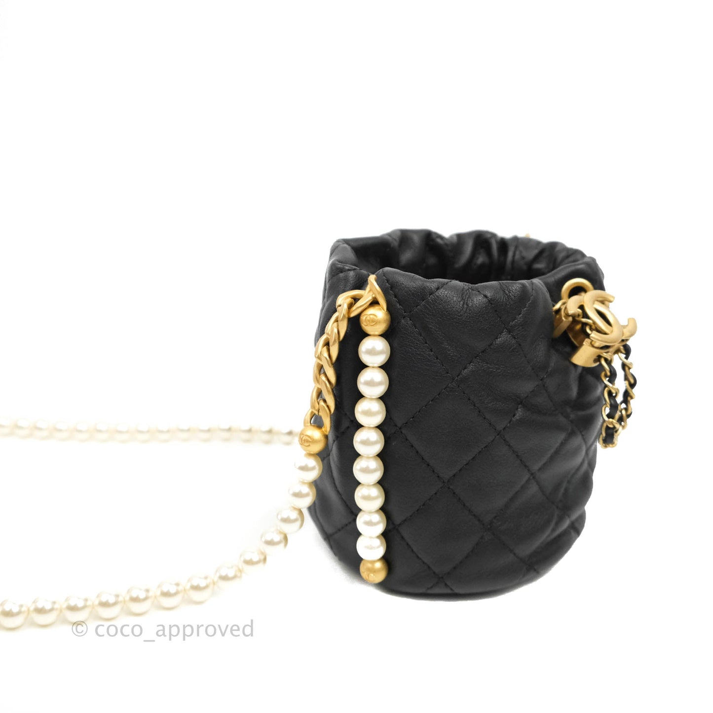 Chanel Quilted Pearl Mini About Pearls Drawstring Bucket Bag Black Calfskin