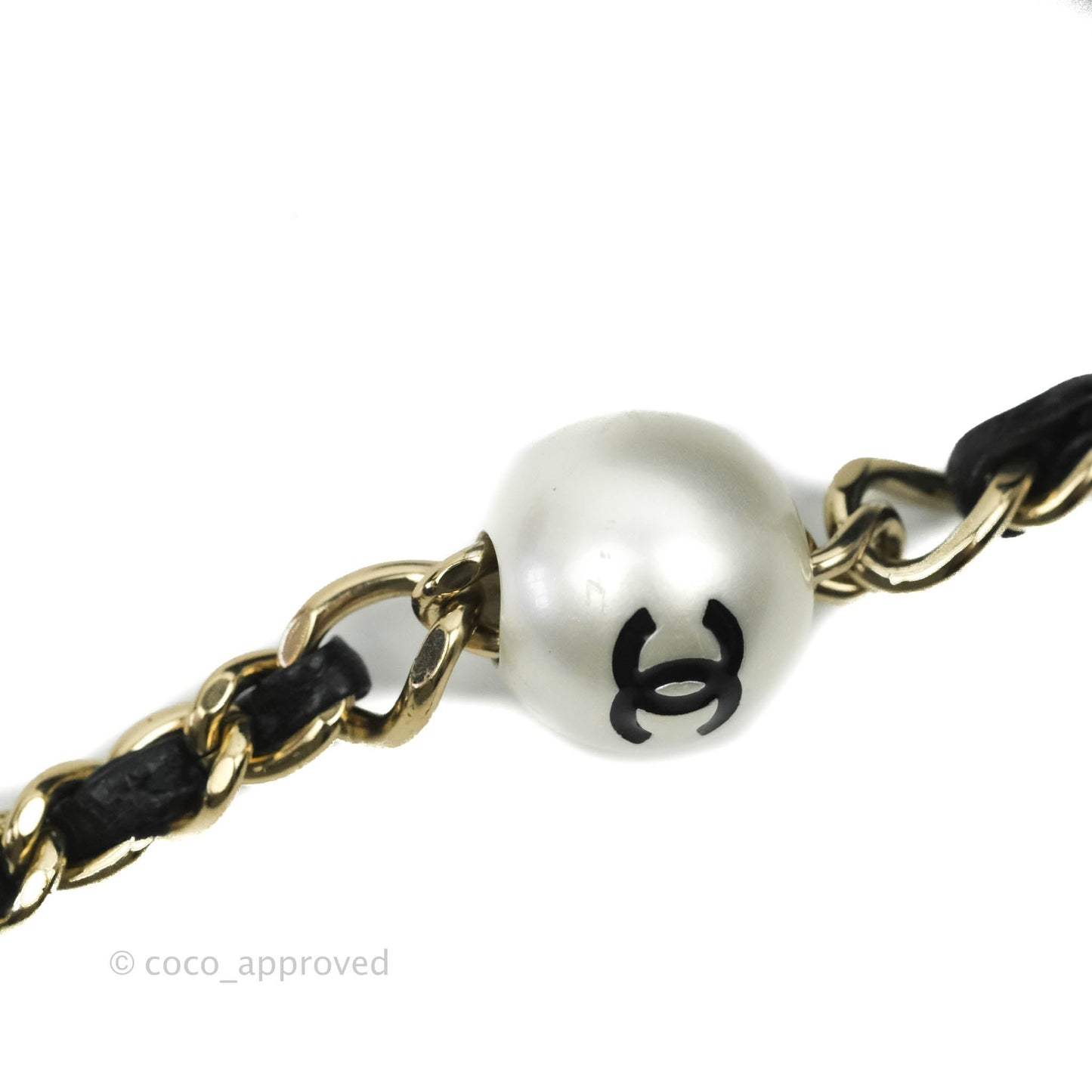 Chanel Logo Pearl Chain Flap Bag Black Lambskin Gold Hardware