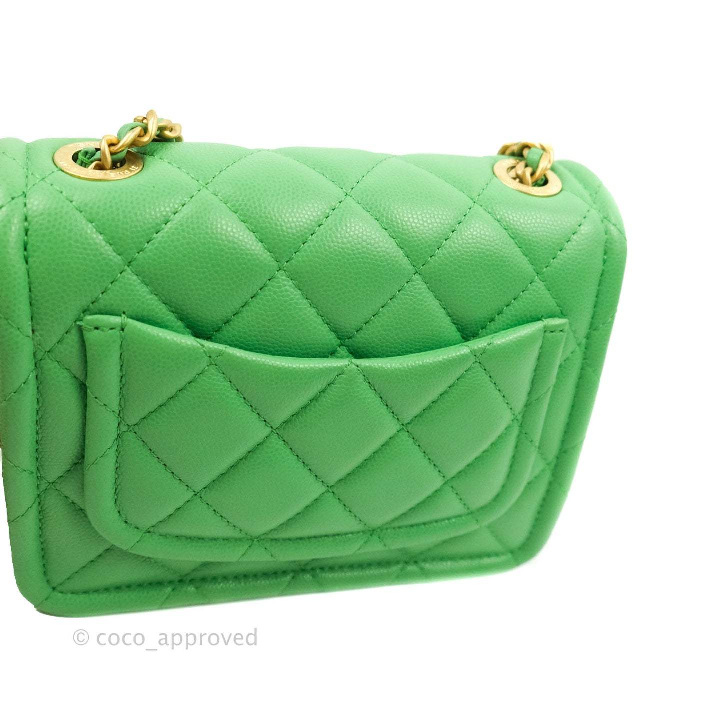 Chanel Mini Square Sweet Quilted Flap Green Caviar Aged Gold Hardware 21P