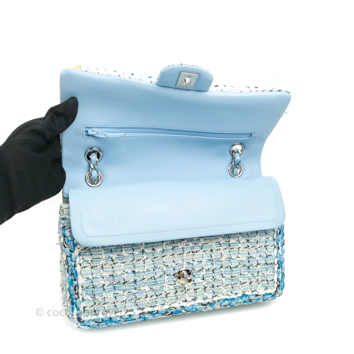 Chanel Medium Classic Double Flap Bag Blue Tweed Silver Hardware 19C