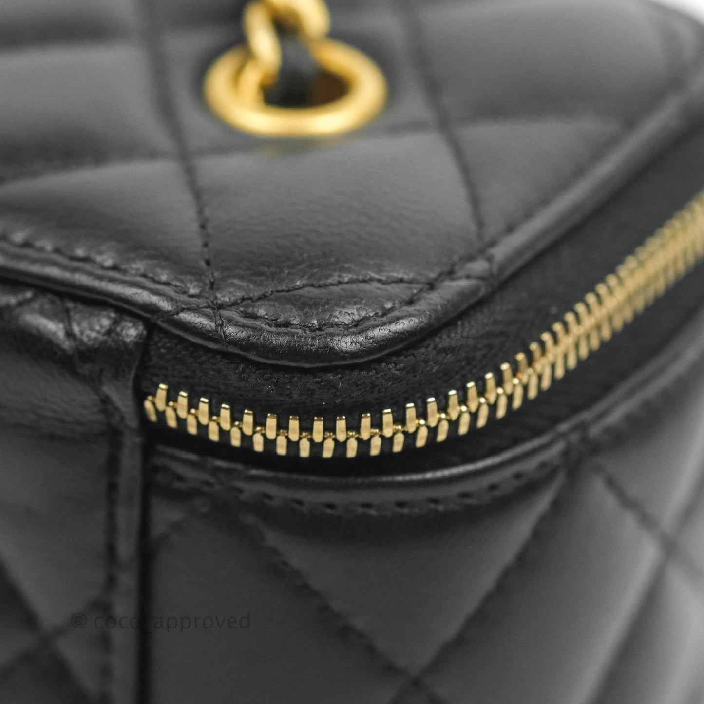 Chanel Vanity with Pearl Crush Chain in Black Lambskin Aged Gold Hardware